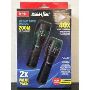 NIB Itek Mega-Light LED Flashlight 2-Pack Water Resistant 5 Light Modes Alloy